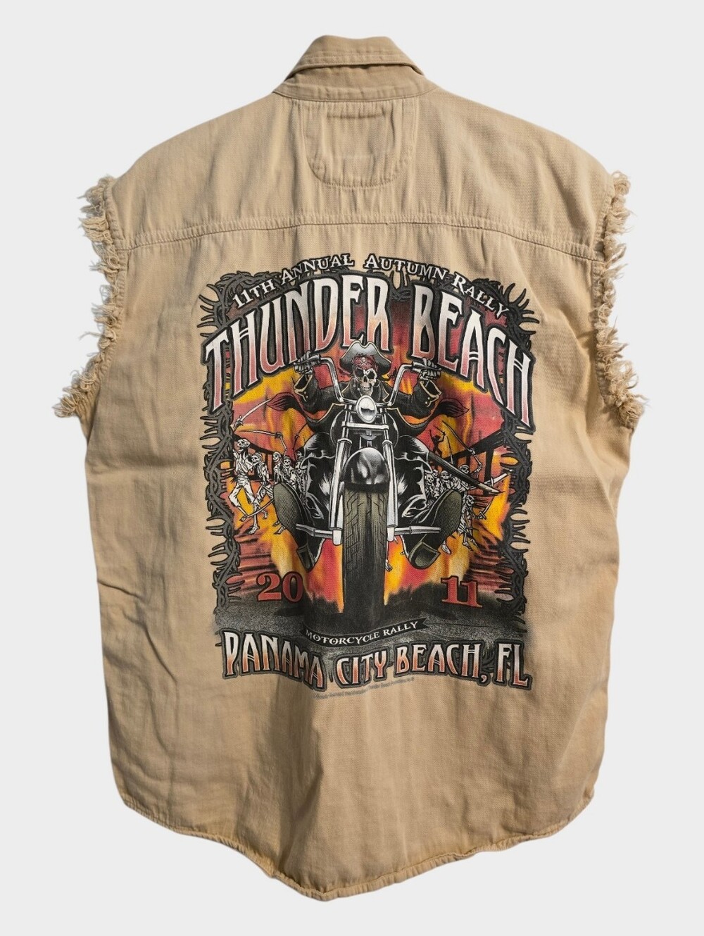 Biker Wear USA Sleeveless Shirt Men's Large Tan Frayed Graphics Motorcycle Rally